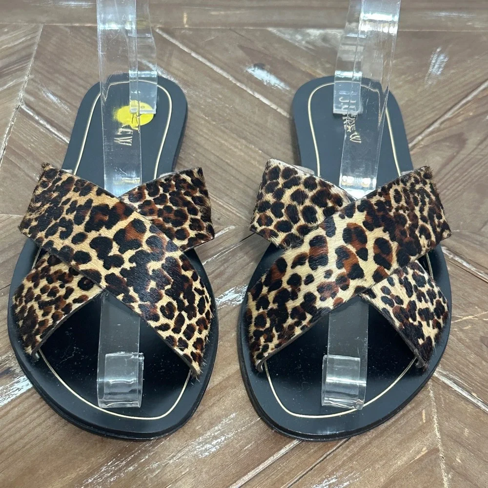 J. Crew Leopard Calf Hair Crisscross Slide Sandals Womens 7 Brown Leather B6690